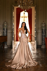 Shining Strapless Sleeveless A-Line Satin Prom Dresses Long Beads With Pleats-Ballbella