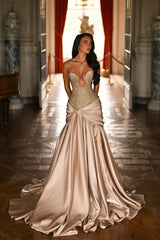 Shining Strapless Sleeveless A-Line Satin Prom Dresses Long Beads With Pleats-Ballbella