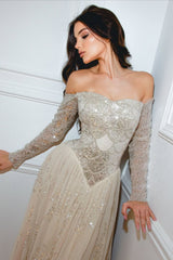 Shining Sweetheart Long Sleeves Tulle Prom Dress A-Line Sequins Beads With Pleats-Ballbella