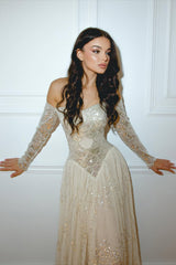 Shining Sweetheart Long Sleeves Tulle Prom Dress A-Line Sequins Beads With Pleats-Ballbella