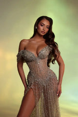 Shining Sweetheart Off-The-Shoulder V-Neck A-Line Prom Dress High Split Gem On Sale-Ballbella