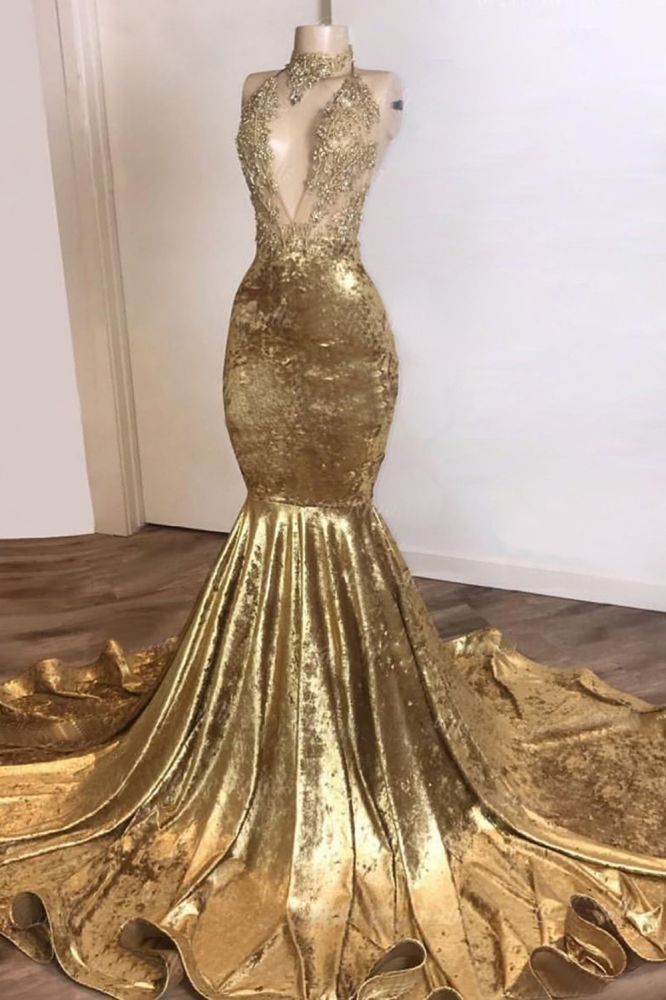 Shinning Champagne Gold Deep V-Neck Court Train Mermaid Prom Dresses Shinning Champagne Gold Deep V-Neck Court Train Mermaid Prom Dresses