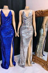 Shinning Sequins V-neck Sleeveless Front Slit Mermaid Prom Dresses-Ballbella