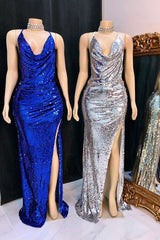 Shinning Sequins V-neck Sleeveless Front Slit Mermaid Prom Dresses-Ballbella