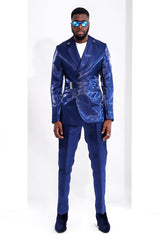 Shiny Blue Buckle Belt Mens Fashion Prom Suit-Ballbella