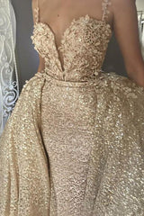 Shiny Champagne Sequins V-neck Spaghetti Straps Appliques Prom Dresses With Detachable Skirt-Ballbella