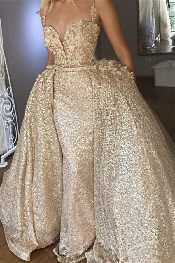 Shiny Champagne Sequins V-neck Spaghetti Straps Appliques Prom Dresses Ballbella Shiny Champagne Sequins V-neck Spaghetti Straps Appliques Prom Dresses Ballbella