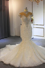 Shiny Crystal High Neck Floral Wedding Dresses Sheer Tulle Sleeveless Mermaid Bridal Gowns-Ballbella