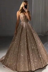 Shiny Gold Ball Gown Evening Dresses Chic V-Neck Sequin Prom Dresses-Ballbella