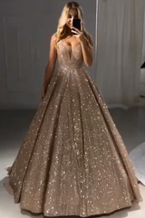 Shiny Gold Ball Gown Evening Dresses Chic V-Neck Sequin Prom Dresses-Ballbella