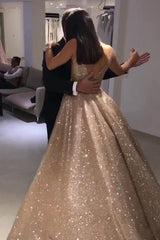 Shiny Gold Ball Gown Evening Dresses Chic V-Neck Sequin Prom Dresses-Ballbella