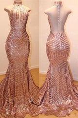 Shiny High Neck Sleeveless Sequins Mermaid Prom Dresses-Ballbella