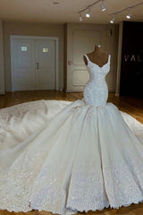 Shiny Mermaid Beading Lace Straps Applique Wedding Dresses-Ballbella