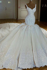 Shiny Mermaid Beading Lace Straps Applique Wedding Dresses-Ballbella