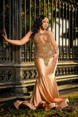 Shiny Satin Gold Beaded Mermaid Keyhole Floor length Prom Dresses-Ballbella