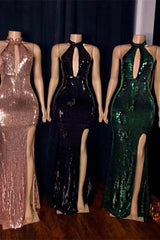 Shiny Sequins Halter Keyhole Neckline Front Slit Mermaid Prom Gowns-Ballbella