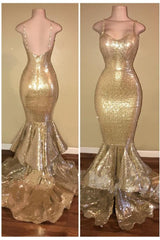 Shiny Sequins Mermaid Spaghettis-Straps Layers-Train Gold Prom Dresses-Ballbella