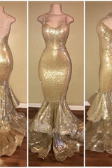 Shiny Sequins Mermaid Spaghettis-Straps Layers-Train Gold Prom Dresses-Ballbella