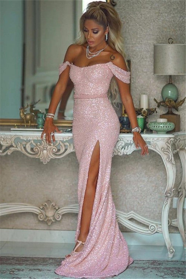 Shiny Sequins Pink Prom Dresses with Slit Off-The-Shoulder Chic Evening Gowns with Buttons Shiny Sequins Pink Prom Dresses with Slit Off-The-Shoulder Chic Evening Gowns with Buttons