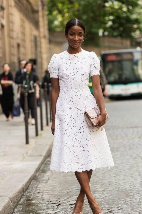 Short sleeves White Knee-length White Homecoming Dress for Sale