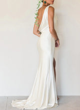 Silk Like Satin Slit Sheath Fitted Wedding Dresses-Ballbella