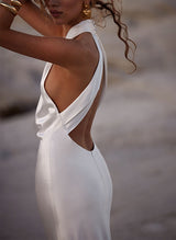 Silk Like Satin Wedding Dresses Sheath Fitted Halter Sleeveless Sweep Train-Ballbella