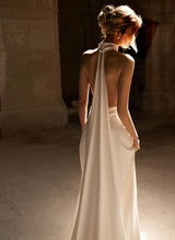 Silk Like Satin Wedding Dresses Summer Beach Boho Garden Halter Sleeveless Sweep Train-Ballbella