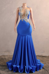 Silver Appliques Blue Satin Mermaid Sleeveless Prom Dresses-Ballbella