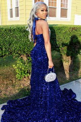 Silver Beaded Royal Blue Court Train Mermaid Sequin Long Prom Dresses-Ballbella