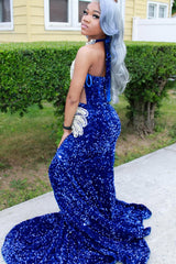 Silver Beaded Royal Blue Court Train Mermaid Sequin Long Prom Dresses-Ballbella