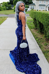 Silver Beaded Royal Blue Court Train Mermaid Sequin Long Prom Dresses-Ballbella