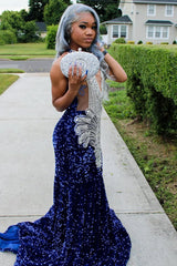 Silver Beaded Royal Blue Court Train Mermaid Sequin Long Prom Dresses-Ballbella