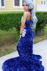 Silver Beaded Royal Blue Court Train Mermaid Sequin Long Prom Dresses-Ballbella