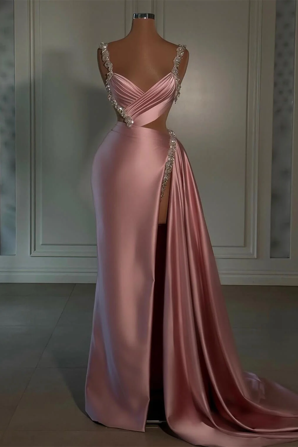 Silver Beaded Straps Shiny Pink Satin High Split Prom Dresses Ballbella Silver Beaded Straps Shiny Pink Satin High Split Prom Dresses Ballbella