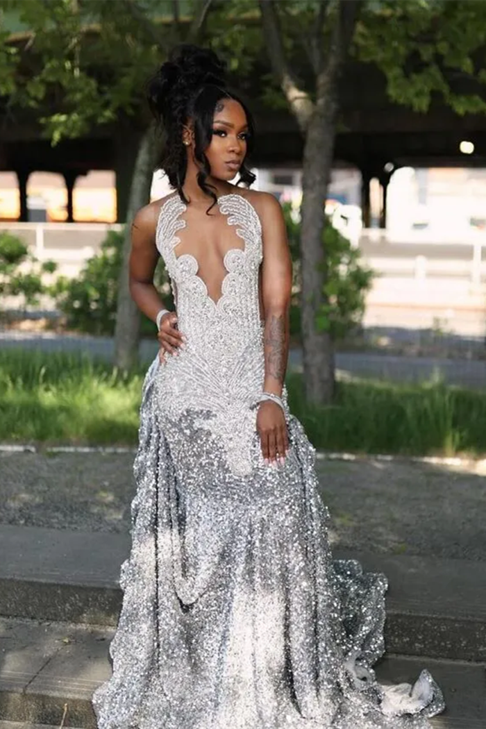 Silver Beaded V-neck Sequin A-line Sleeveless Floor length Prom
