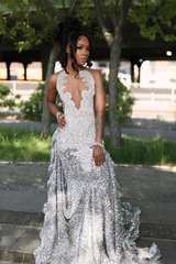 Silver Beaded V-neck Sequin A-line Sleeveless Floor length Prom Dresses-Ballbella