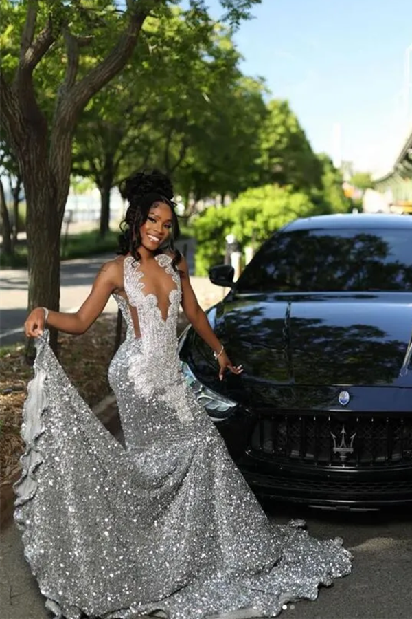 Silver Beaded V-neck Sequin A-line Sleeveless Floor length Prom Dresse Ballbella Silver Beaded V-neck Sequin A-line Sleeveless Floor length Prom Dresse Ballbella