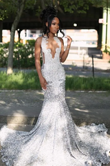 Silver Beaded V-neck Sequin A-line Sleeveless Floor length Prom Dresses-Ballbella