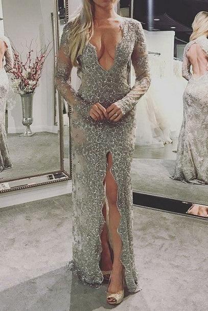 Silver Chic V-Neck Lace Prom Dresses Elegant Long Sleevess Open Back Front Split Long Evening Dress Silver Chic V-Neck Lace Prom Dresses Elegant Long Sleevess Open Back Front Split Long Evening Dress