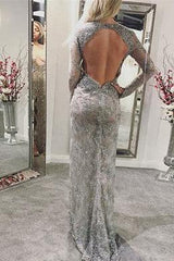 Silver Chic V-neck Lace Prom Dresses Elegant Long Sleevess Open Back Front Split Long Evening Dress-Ballbella