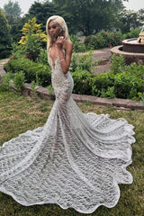 Silver Deep V-neck Sleeveless Mermaid Sparkle Court Train Prom Dresses-Ballbella