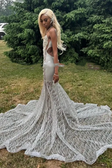 Silver Deep V-neck Sleeveless Mermaid Sparkle Court Train Prom Dresses-Ballbella