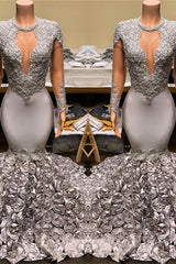 Silver Fit and Flare Floral Prom Dresses Wholesale Lace Appliques Real Shooting Prom Party Gowns-Ballbella