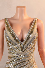 Silver Gold High Split V-neck Sleeveless Mermaid Prom Dresses-Ballbella