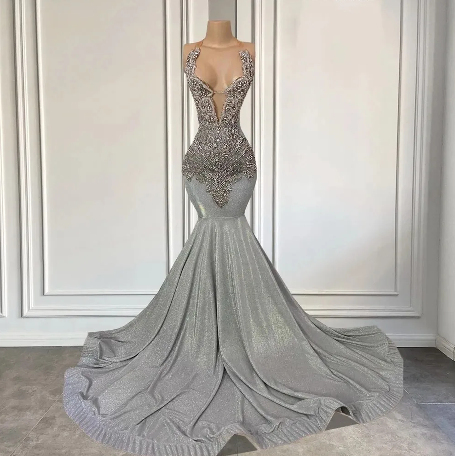 Silver Halter Mermaid Prom Dress with Beadings Silver Halter Mermaid Prom Dress with Beadings