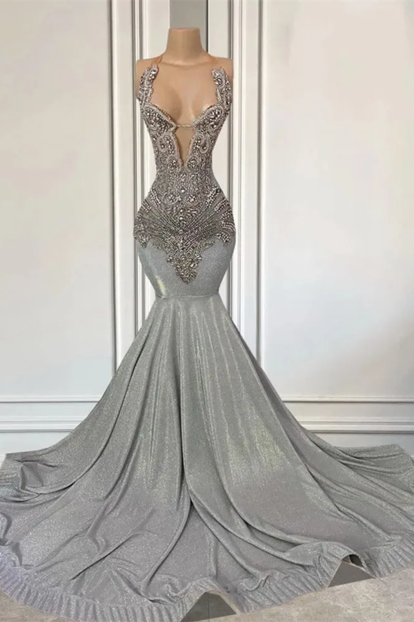 Silver Halter Mermaid Prom Dress with Beadings Silver Halter Mermaid Prom Dress with Beadings