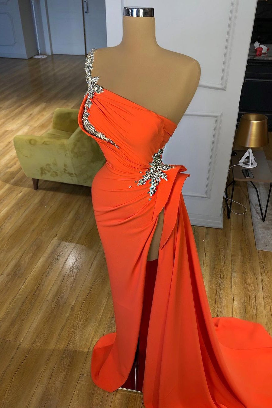 Silver Sequined One-Shoulder Orange High-Split Prom Dress Silver Sequined One-Shoulder Orange High-Split Prom Dress