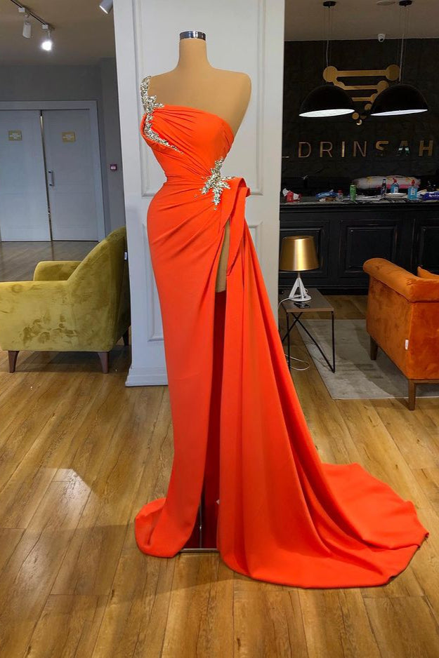 Silver Sequined One-shoulder Orange High-split Prom Dress Silver Sequined One-shoulder Orange High-split Prom Dress