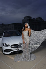 Silver Sparkle Beaded Mermaid Court Train Sweetheart Sleeveless Prom Dresses-Ballbella