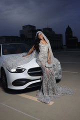 Silver Sparkle Beaded Mermaid Court Train Sweetheart Sleeveless Prom Dresses-Ballbella